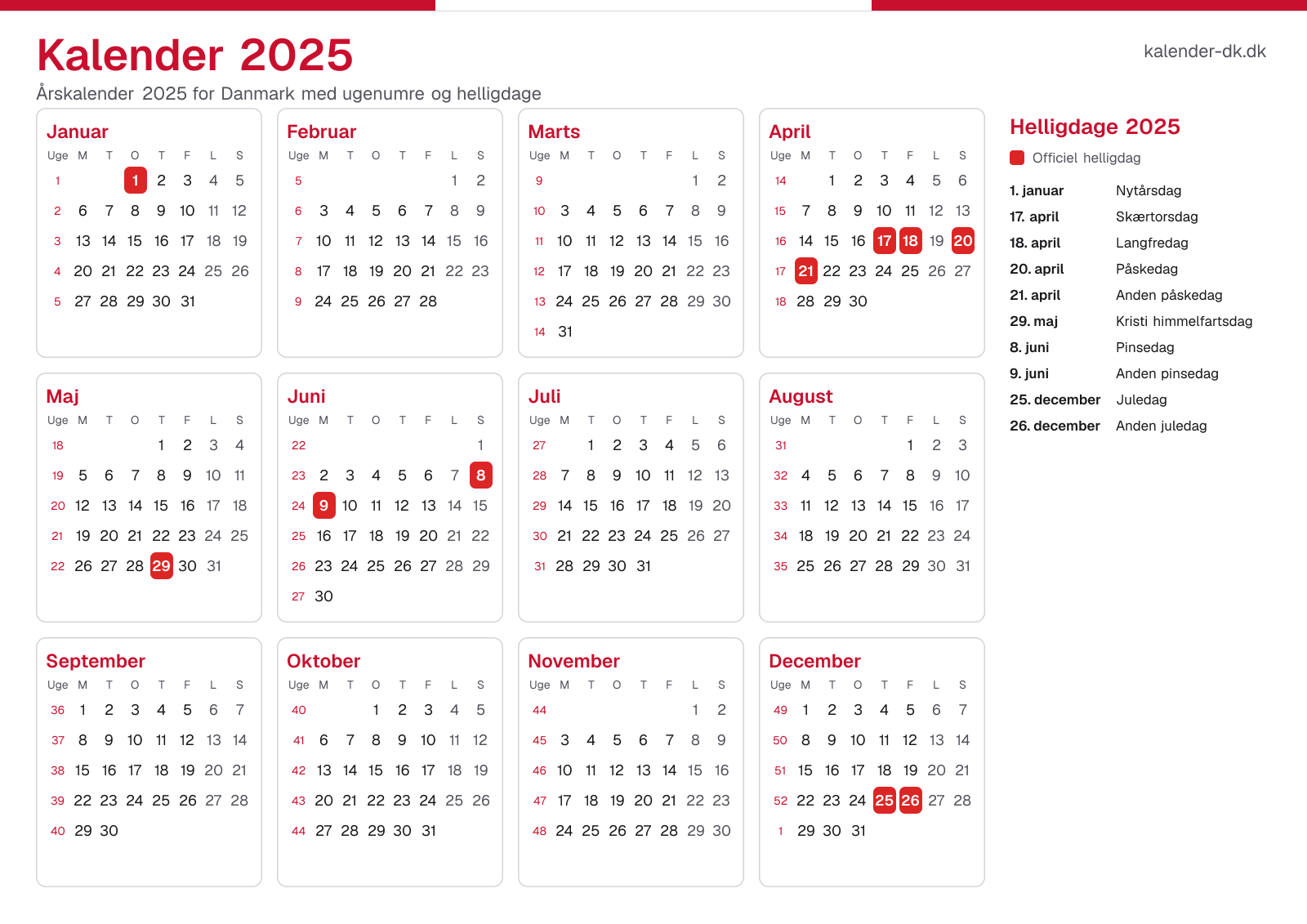 Kalender 2025 med ugenumre og helligdage