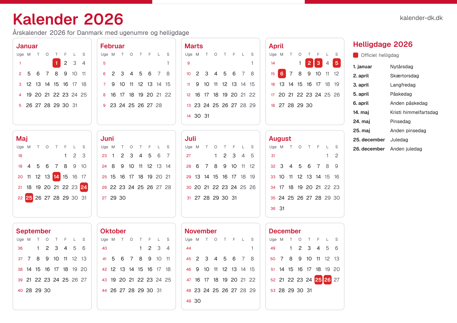 Kalender 2026 med ugenumre og helligdage