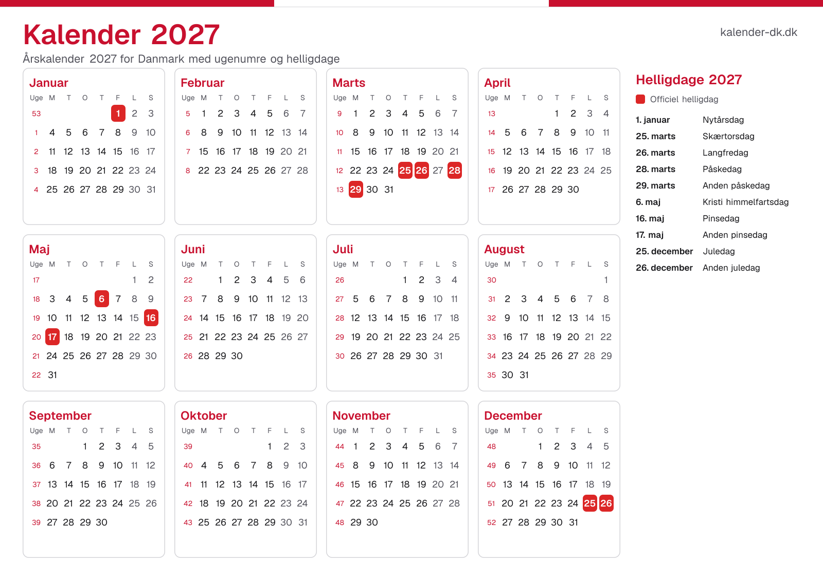 Kalender 2027 med ugenumre og helligdage