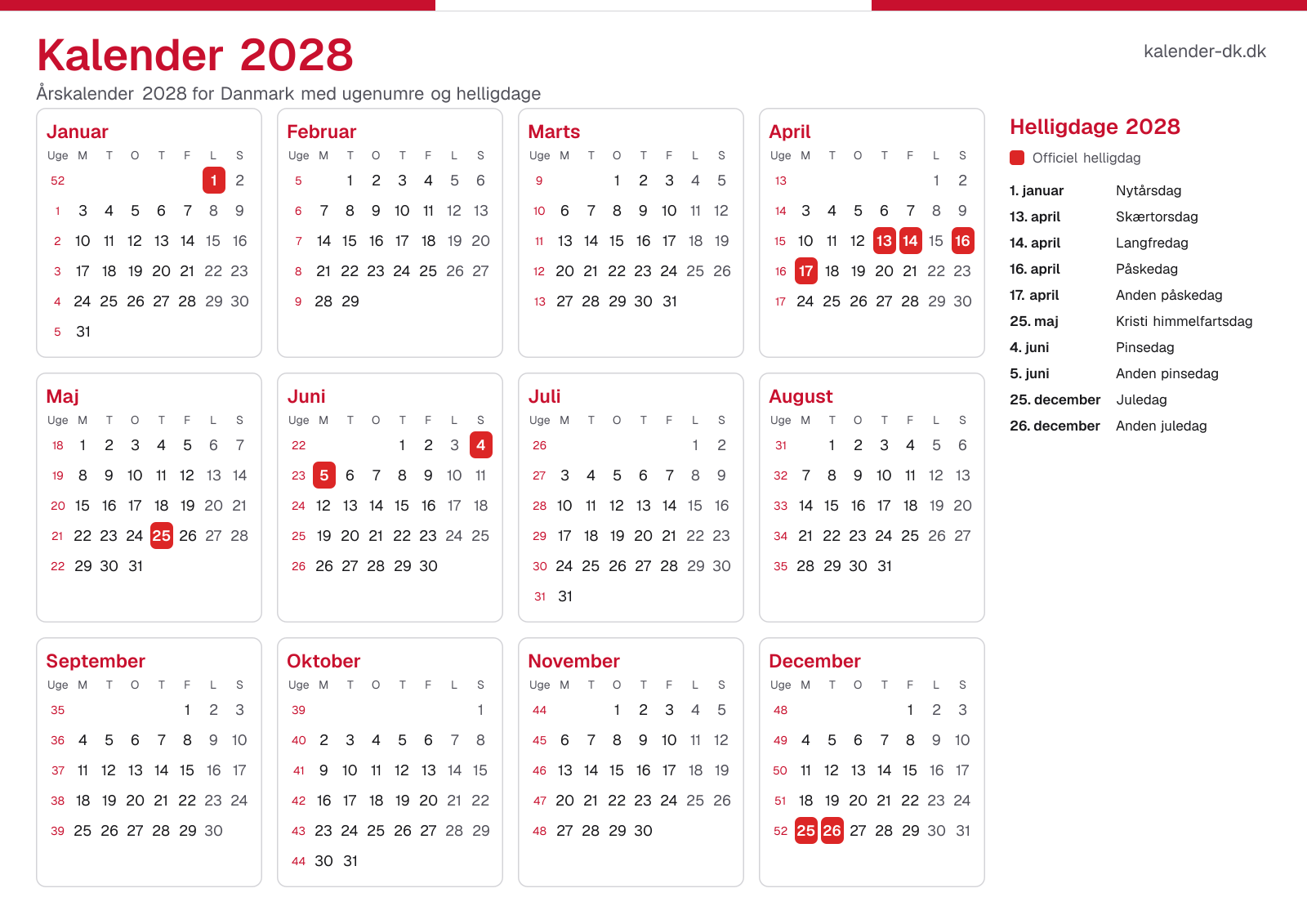 Kalender 2028 med ugenumre og helligdage