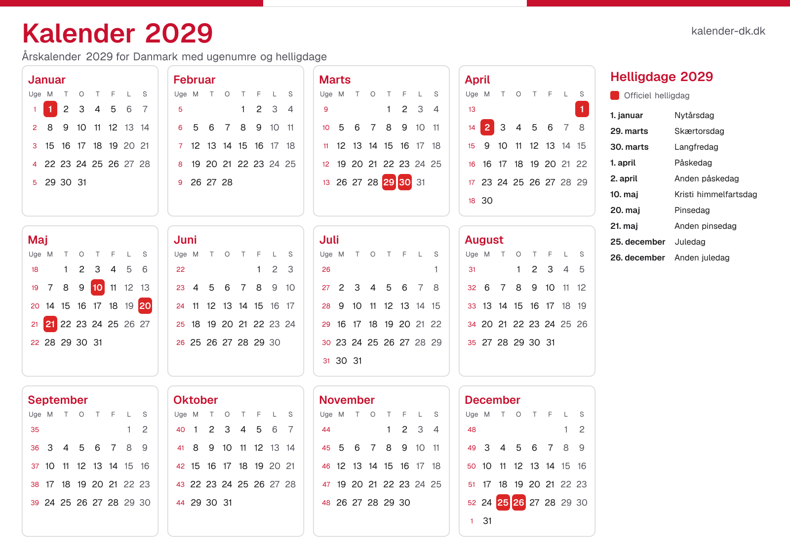 Kalender 2029 med ugenumre og helligdage