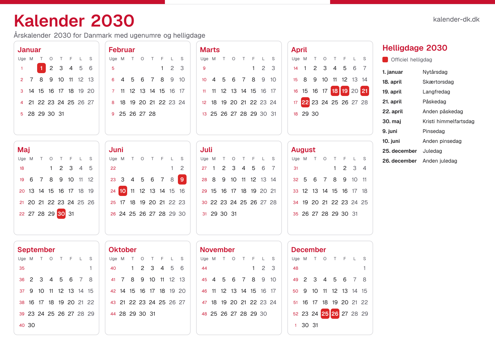 Kalender 2030 med ugenumre og helligdage