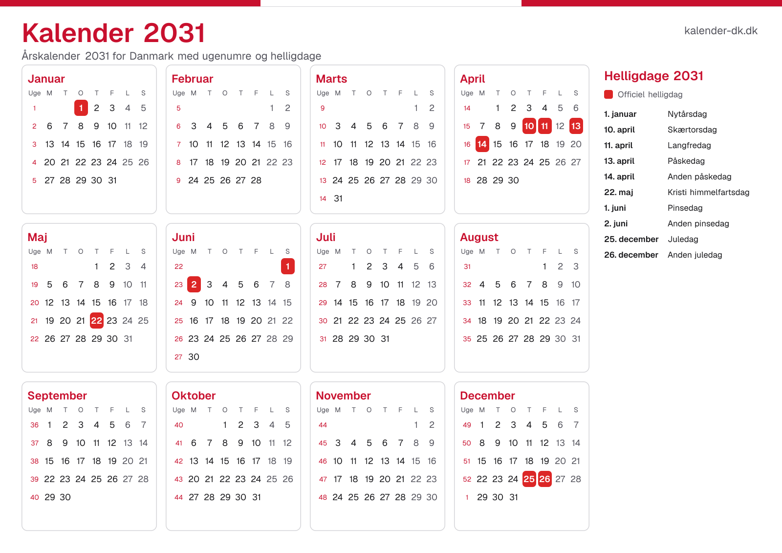 Kalender 2031 med ugenumre og helligdage